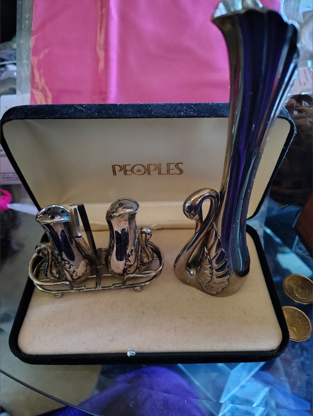 🦢 Vintage Silver Plated Swan Bud Vase & Salt Pepper Shaker Set with Caddy 🦢